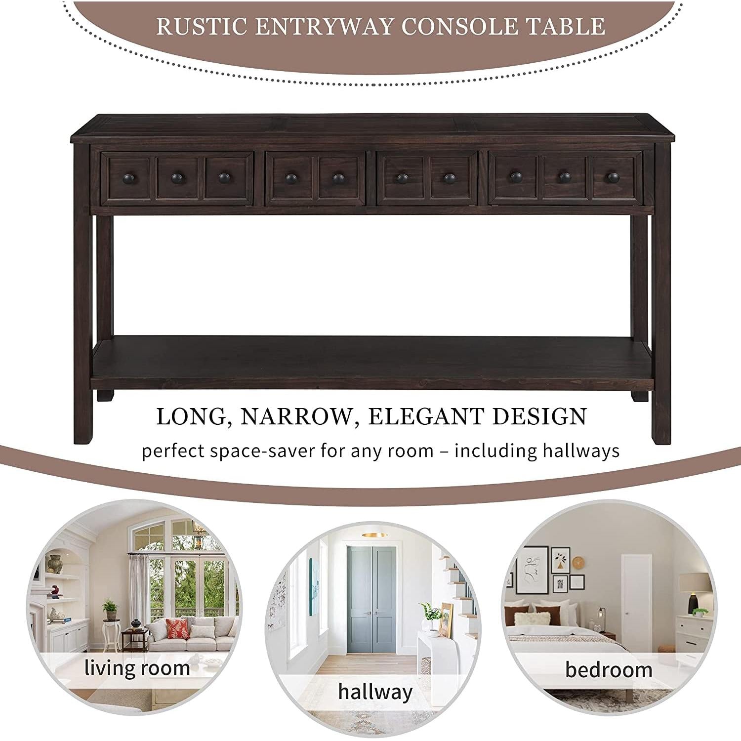 Rustic 60 Inch Console Table With Drawers in Mocha