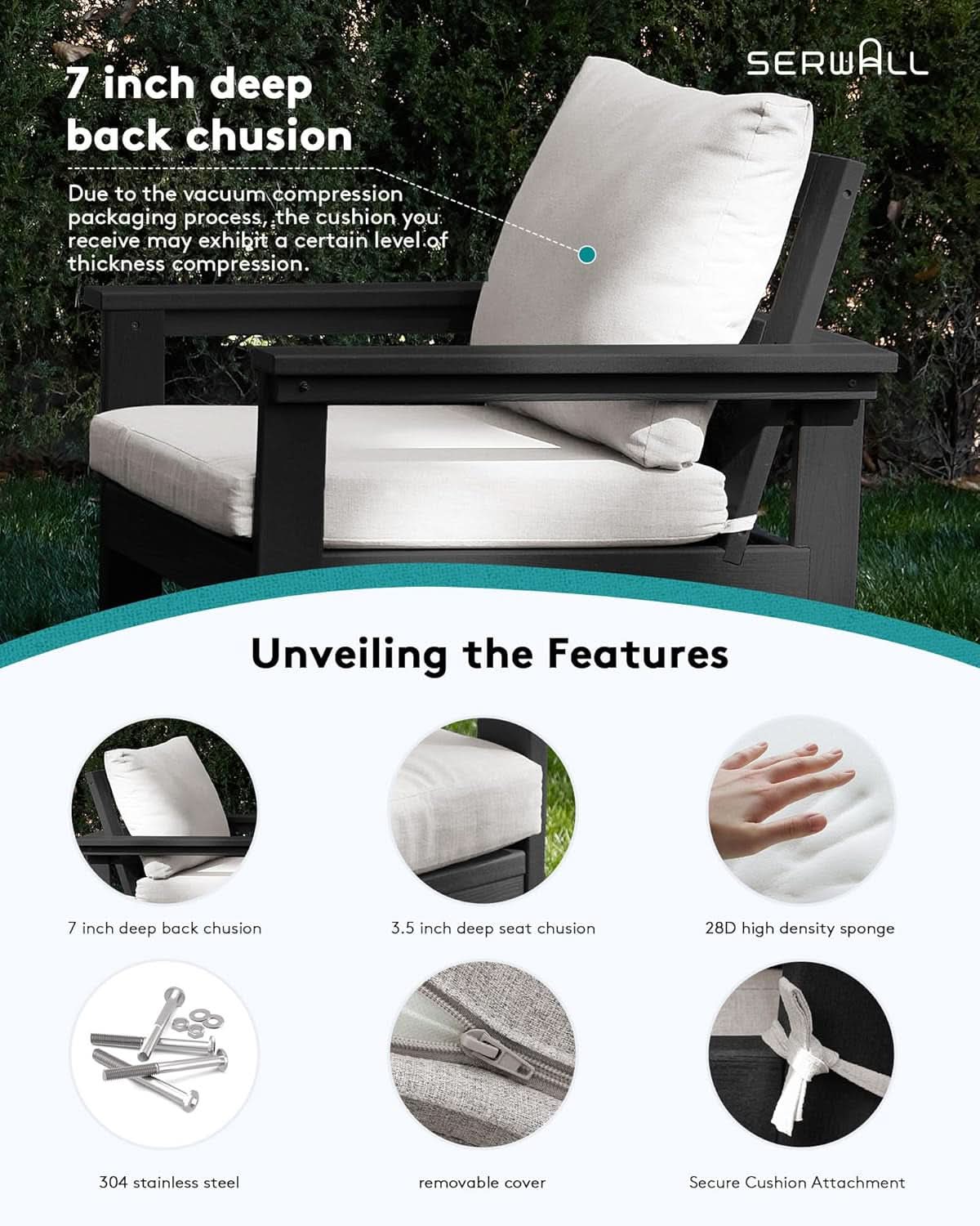 HDPE 7 Piece Outdoor Patio Furniture Set - Black/White