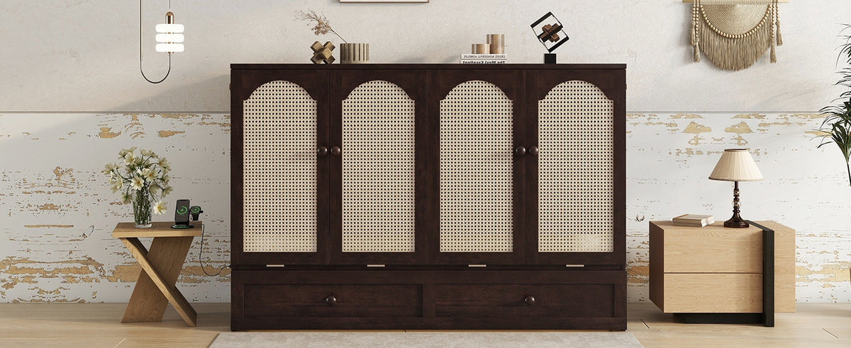 Queen Size Murphy Bed, Pine Wood with Power Station and Rattan Decoration Panel - Espresso