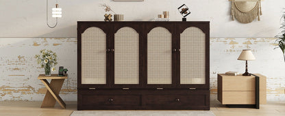 Queen Size Murphy Bed, Pine Wood with Power Station and Rattan Decoration Panel - Espresso