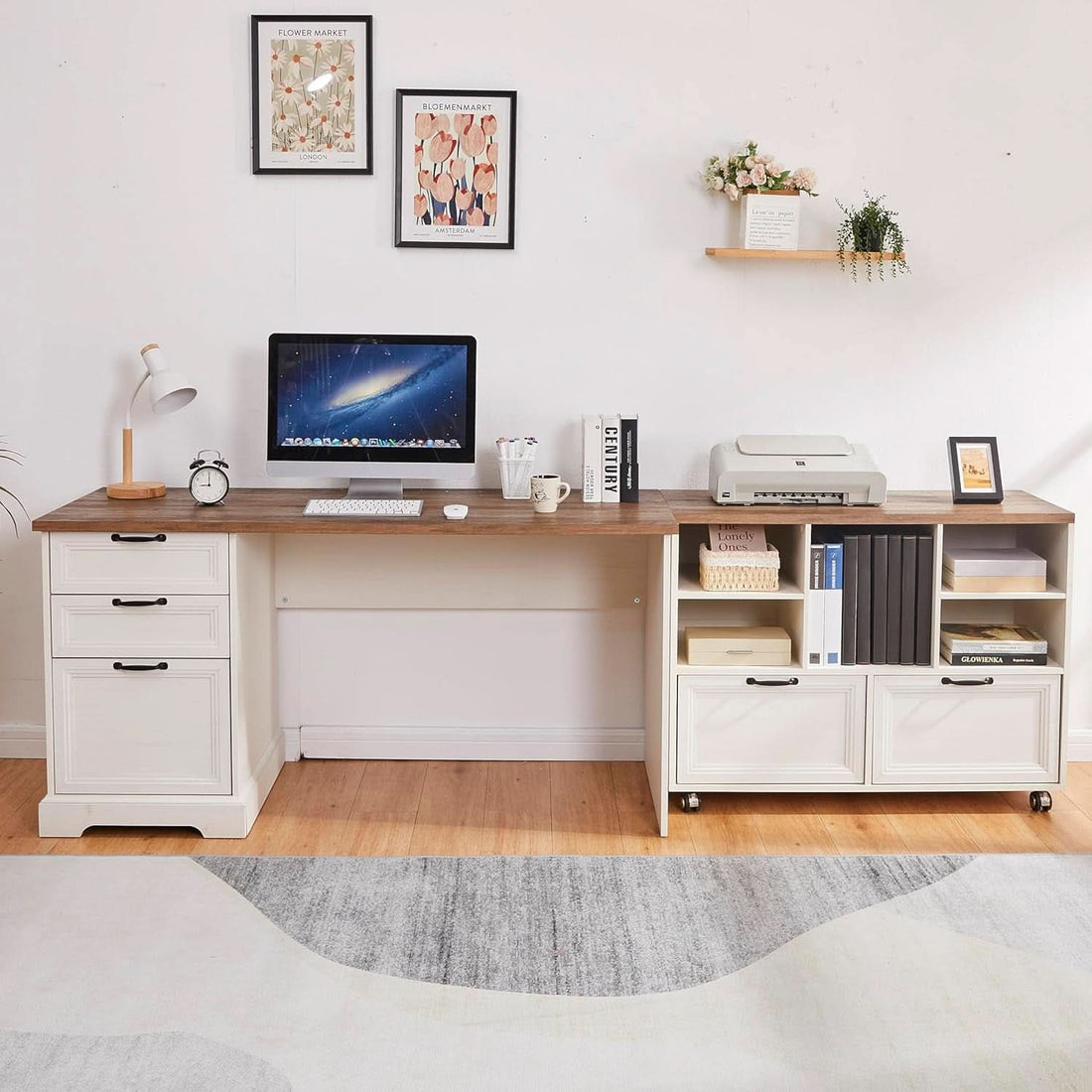 2 Piece Office Workstation with Desk + Rolling File Cabinet in 2 Toned White/Brown