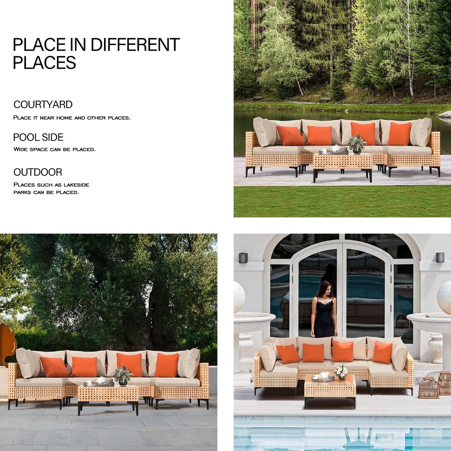 5 Piece Outdoor Modular Sectional Set - Salmon Wicker with Beige Cushions