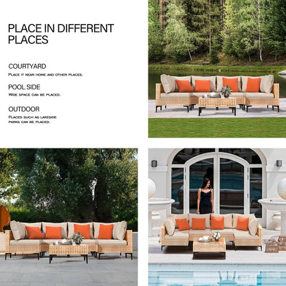 5 Piece Outdoor Modular Sectional Set - Salmon Wicker with Beige Cushions