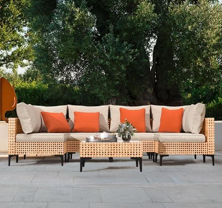 5 Piece Outdoor Modular Sectional Set - Salmon Wicker with Beige Cushions