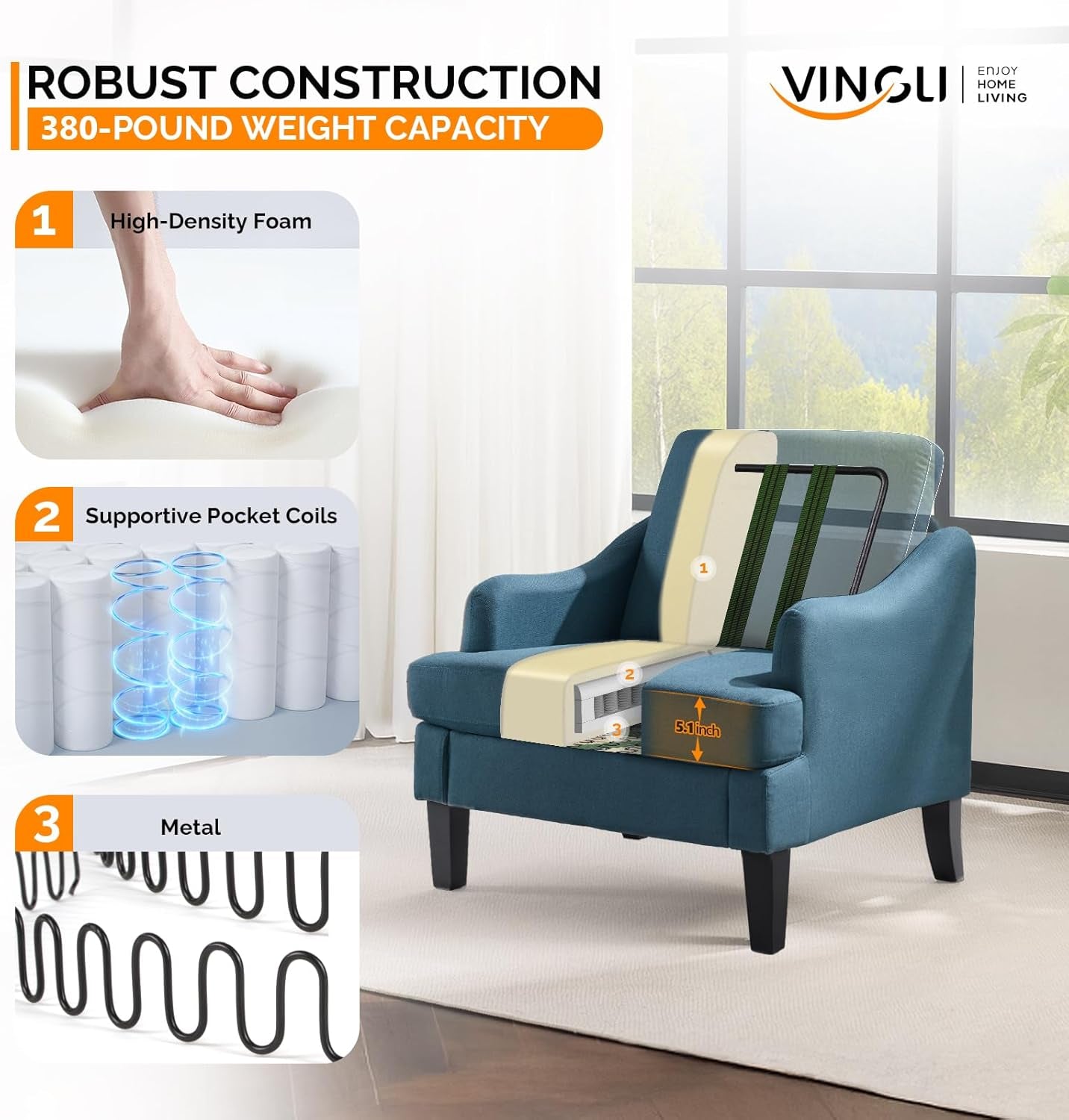 Linen Upholstered Accent Chair In Steel Blue