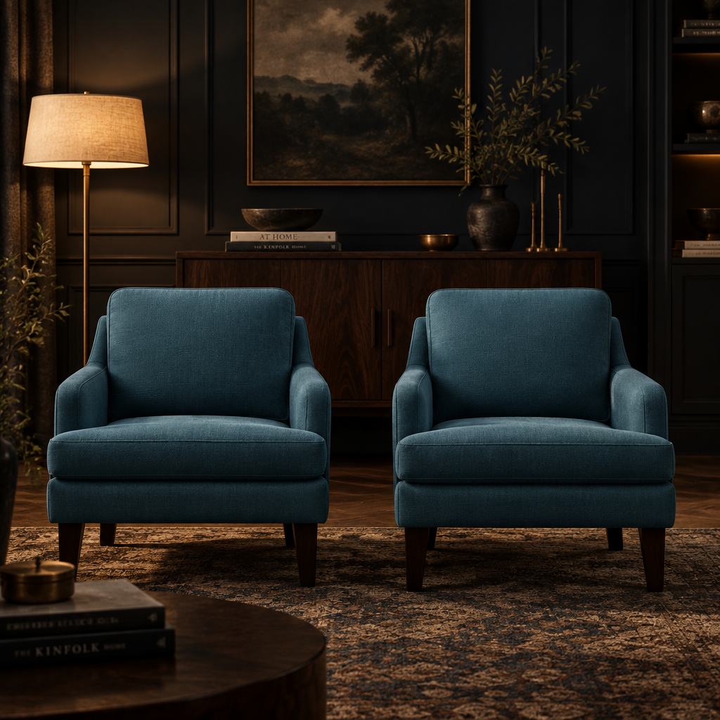 Linen Upholstered Accent Chair In Steel Blue