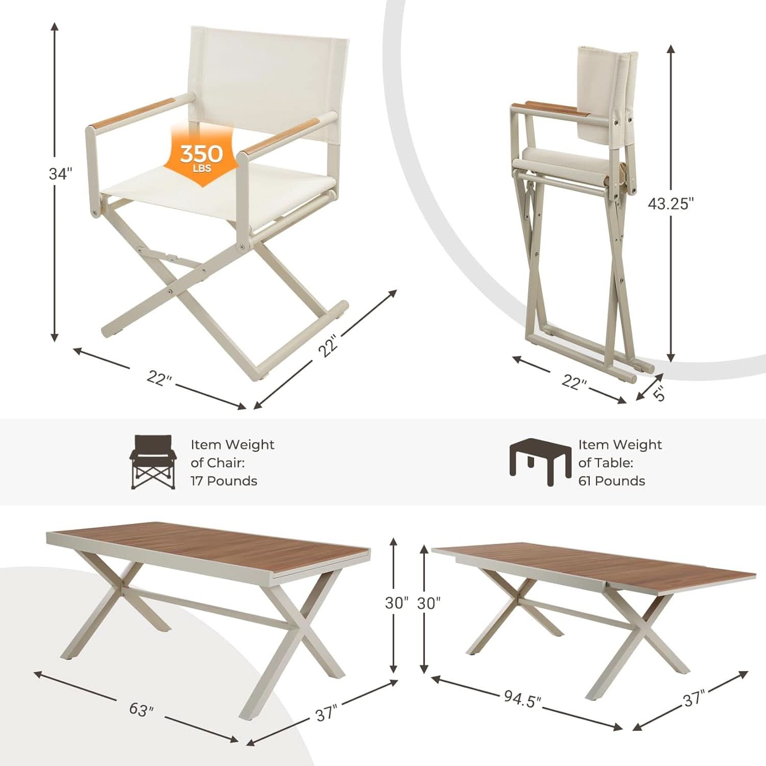 11 Piece Outdoor Dining Set - 10 Cream Colored Sling Mesh Chairs With Expandable Wood Grain Table For 6-10 Guests