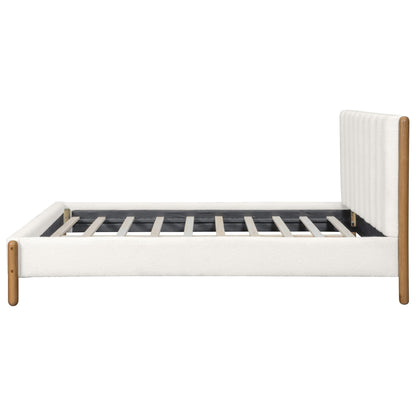 Queen Size Bed Frame with Boucle Upholstered Headboard and Solid Wooden Legs - Off White