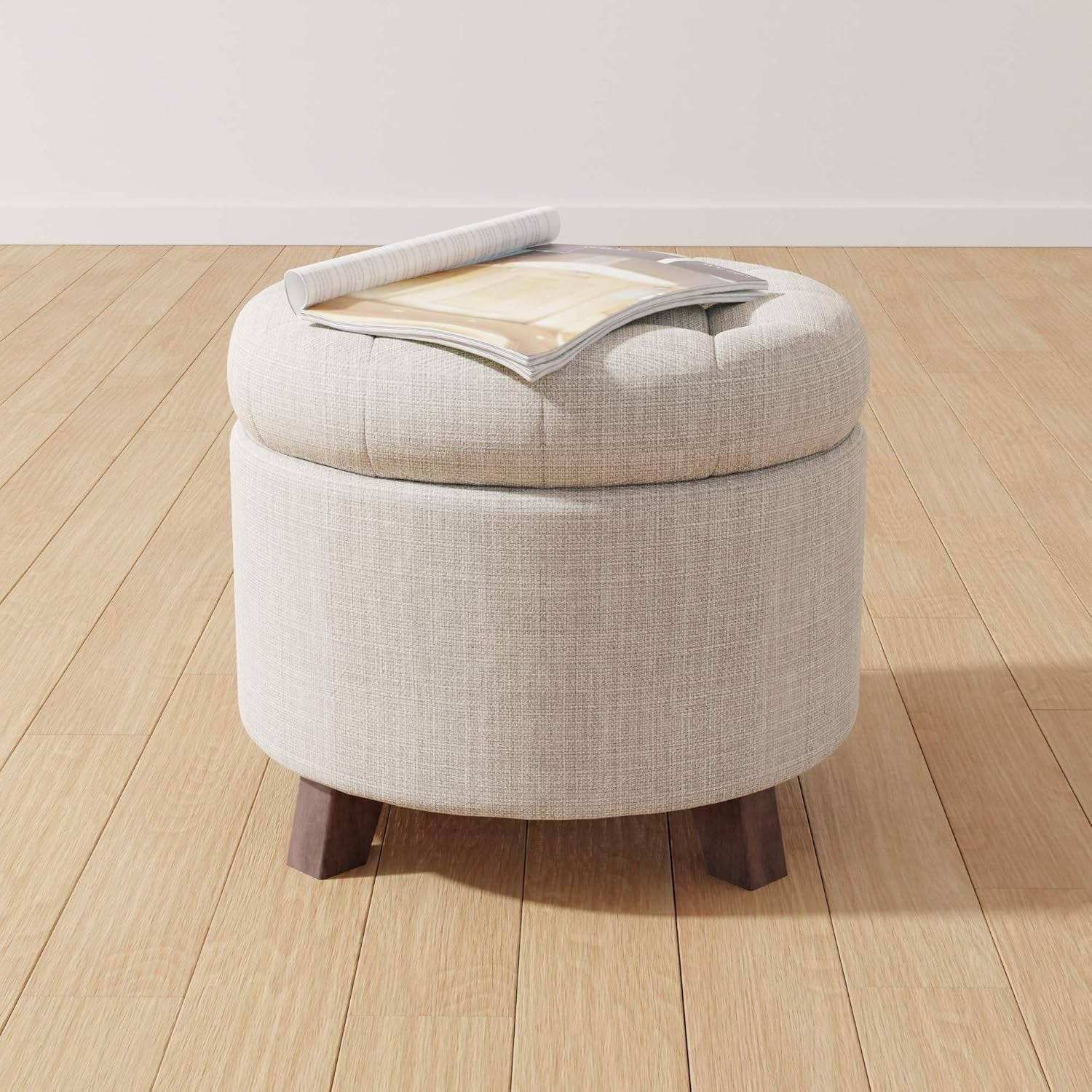 Beige Linen Round Storage Ottoman