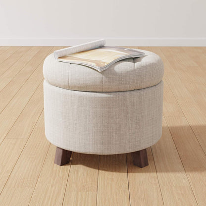 Beige Linen Round Storage Ottoman