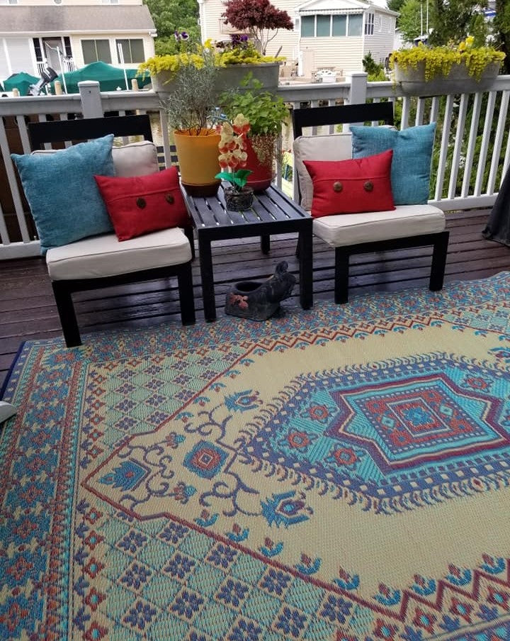 Turkish Plum Yellow/Blue Handmade Reversible Outdoor Mat