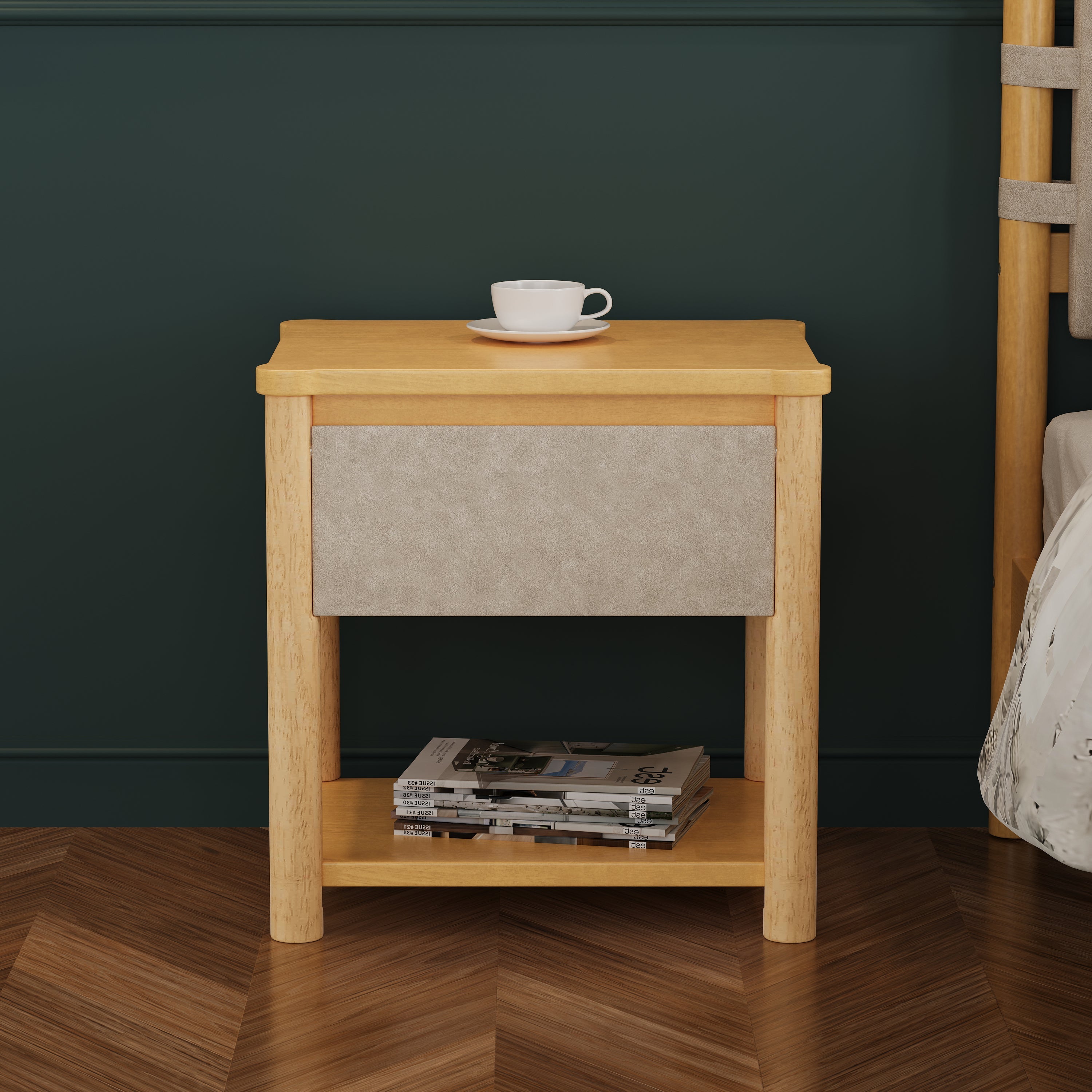 Beige Wood Platform Bed with Headboard and Matching Bedside Tables - 3 Pc Set