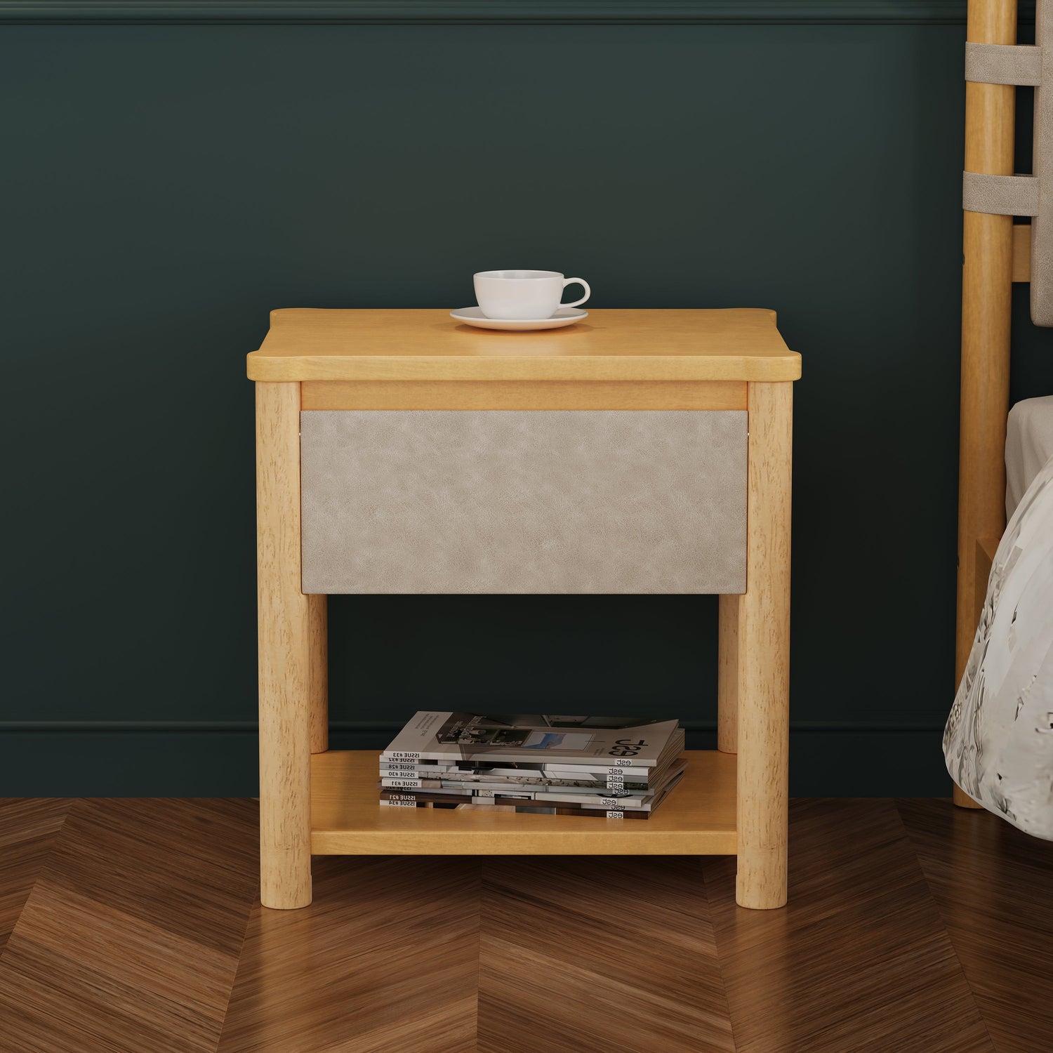 Modern Queen Bed Frame Set with 2 Nightstands - Beige Wood