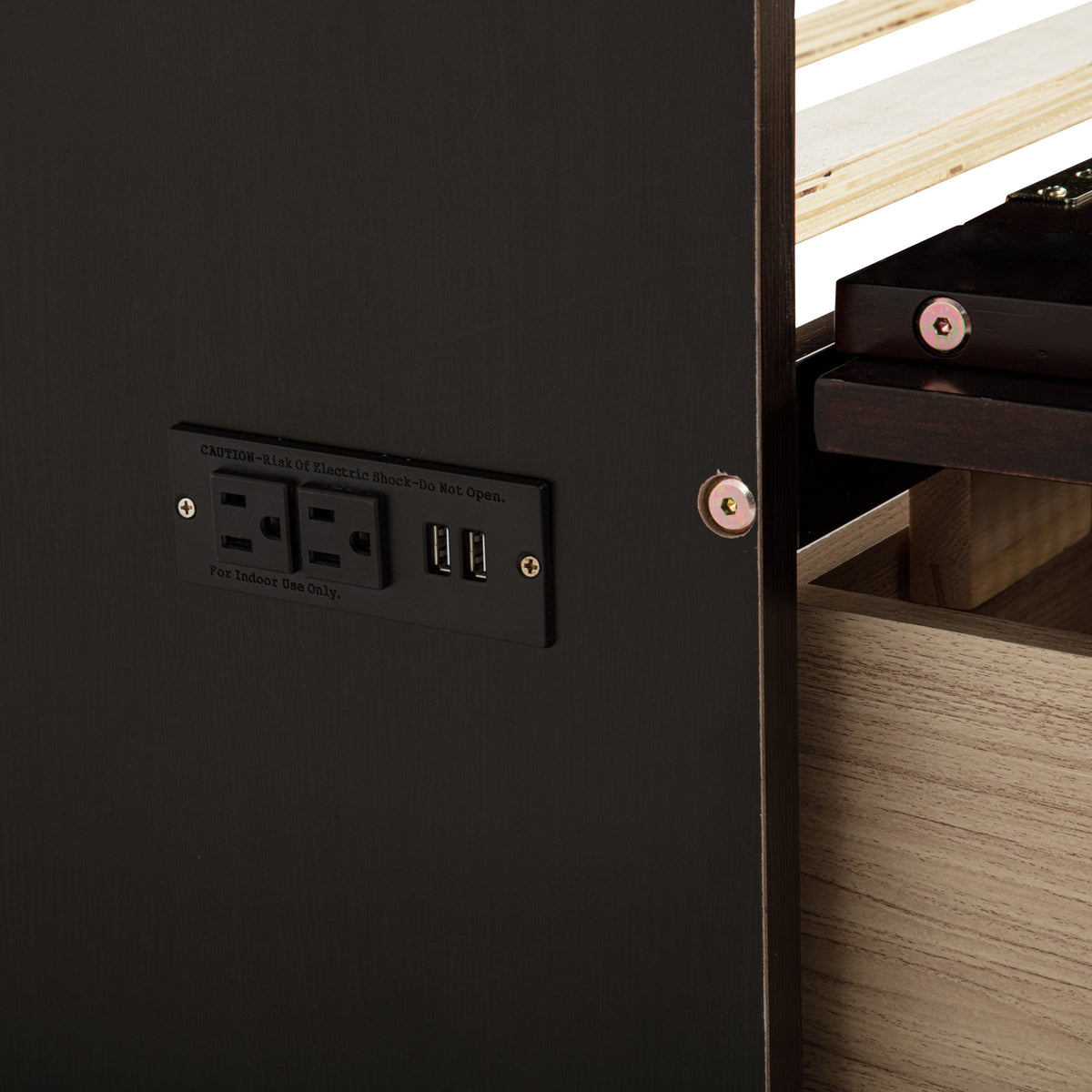 Queen Size Murphy Bed, Pine Wood with Power Station and Rattan Decoration Panel - Espresso