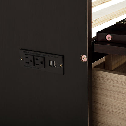 Queen Size Murphy Bed, Pine Wood with Power Station and Rattan Decoration Panel - Espresso