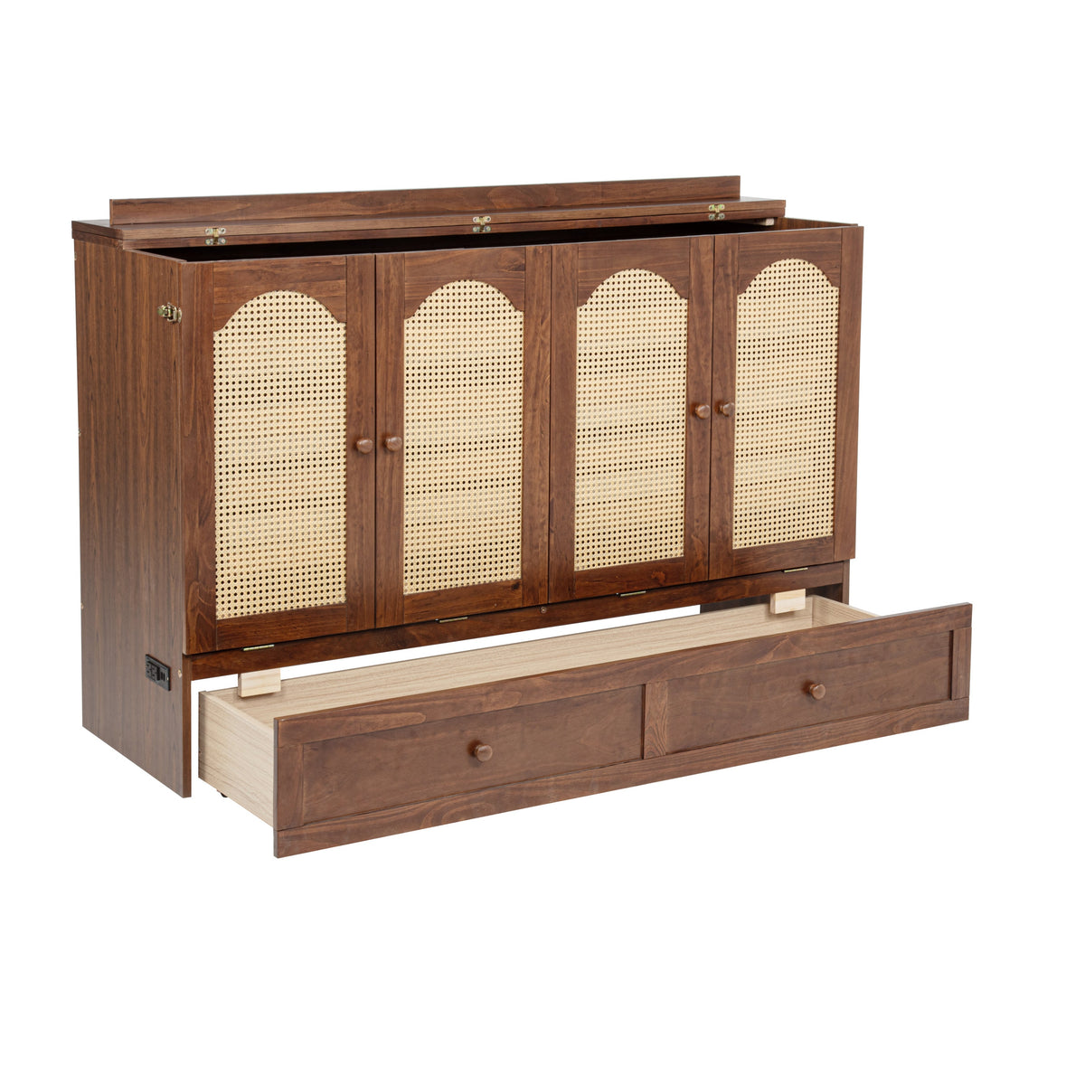 Queen Size Murphy Bed, Pine Wood with Power Station and Rattan Decoration Panel - Walnut