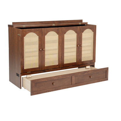 Queen Size Murphy Bed, Pine Wood with Power Station and Rattan Decoration Panel - Walnut
