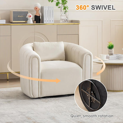 Beige Velvet Barrel Swivel Chair With LumbarPillow