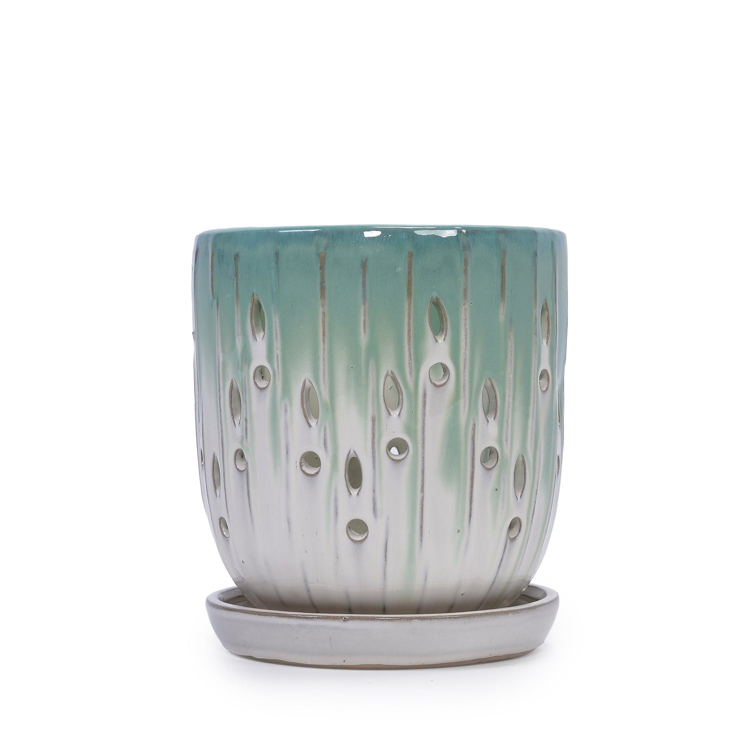 Set of 2 Ceramic Flowerpots - White/Aqua