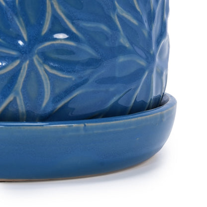 Set of 2 Embossed Ceramic Flowerpots - Blue