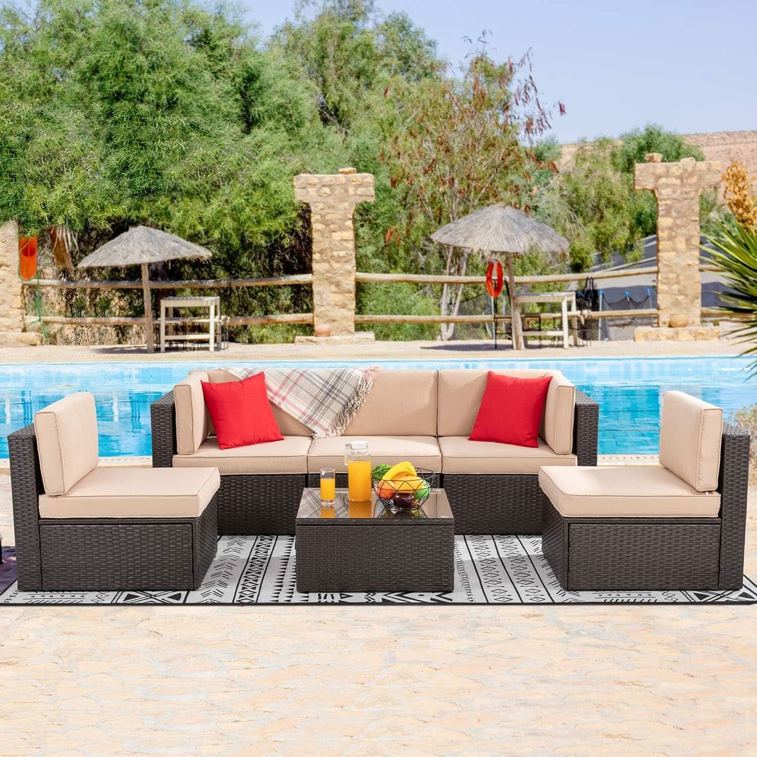 Outdoor Wicker Sectional Sofa Set with Coffee Table - Tan/Brown