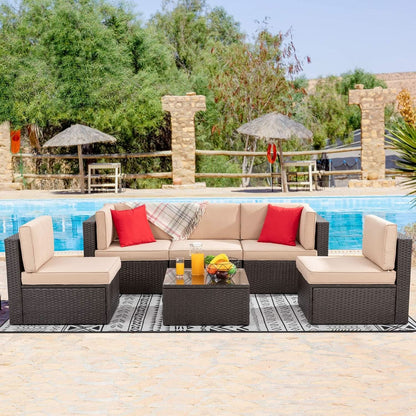 Outdoor Wicker Sectional Sofa Set with Coffee Table - Tan/Brown