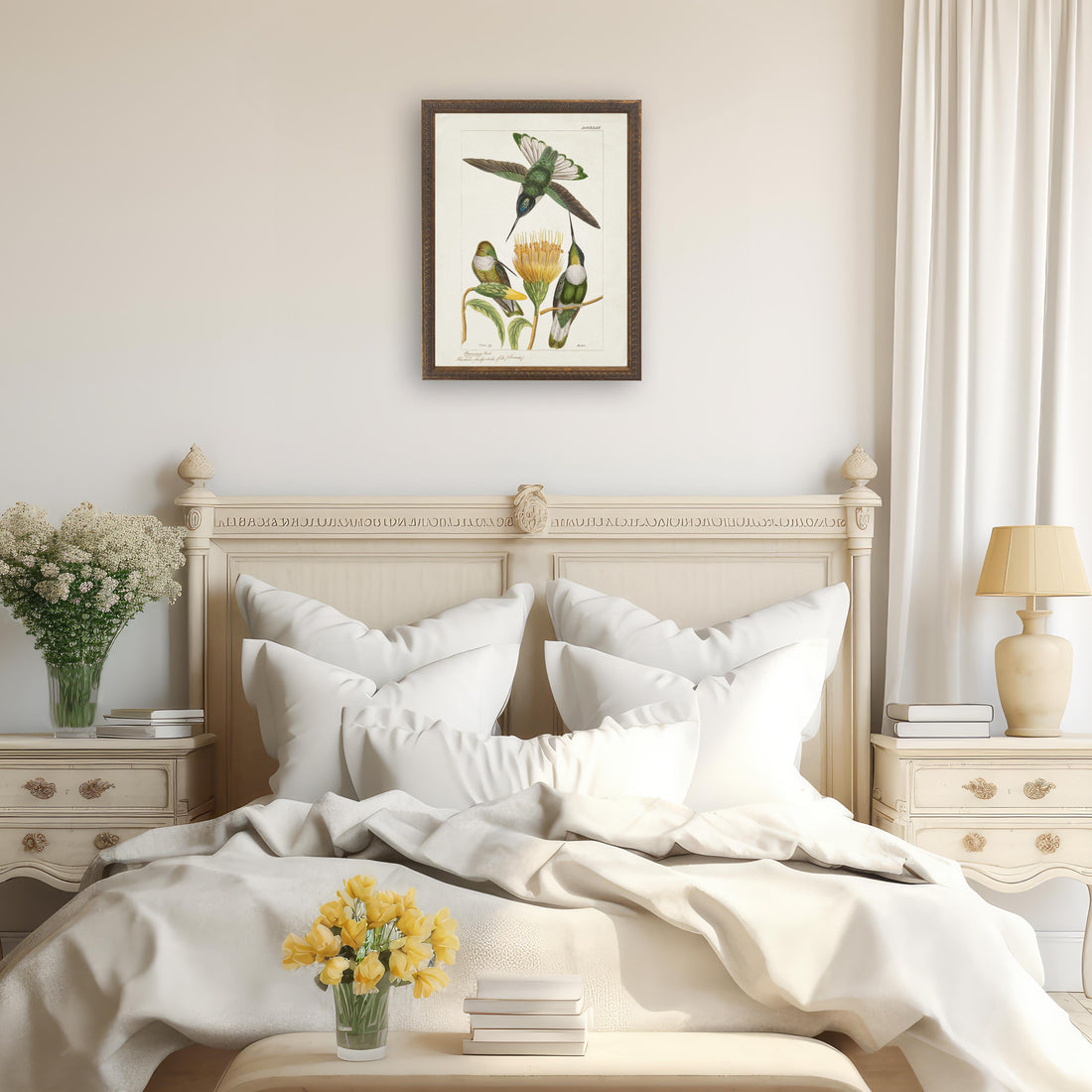 Hummingbirds and Yellow Flower in Bronze-Beaded Frame - 24 x 18 inch