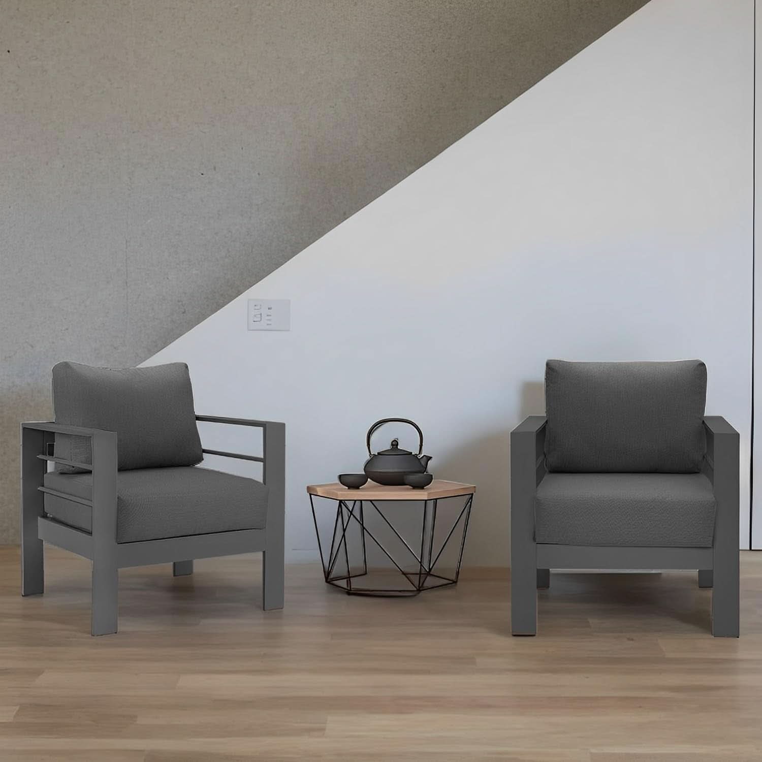 Weather Resistant Metal Armchair Set with Cushions -  Dark Gray