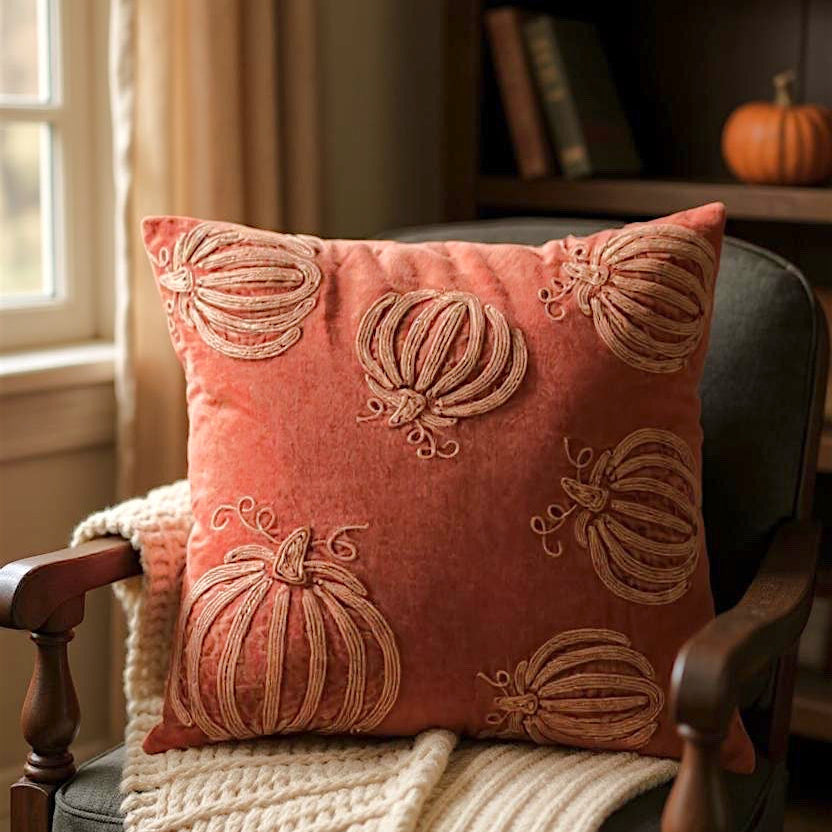Auburn Pumpkin Embroidered Velvet Pillow