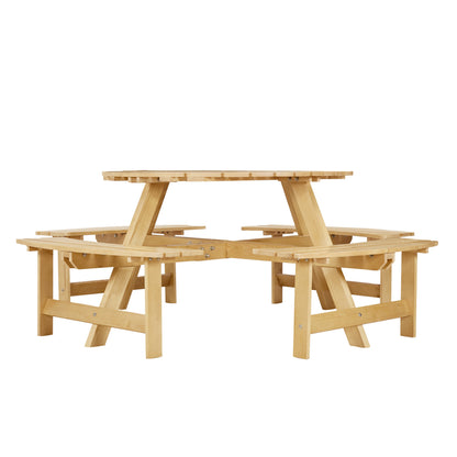 8-Person Round Picnic Table with 4 Built-in Benches - Natural Finish