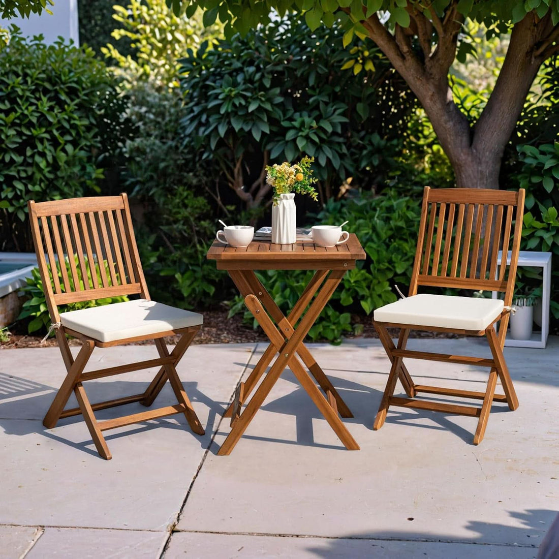 3 Piece Outdoor Folding Bistro Set With Cushions -  Acacia Wood