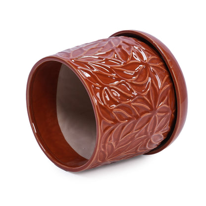Set of 2 Embossed Ceramic Flowerpots - Red