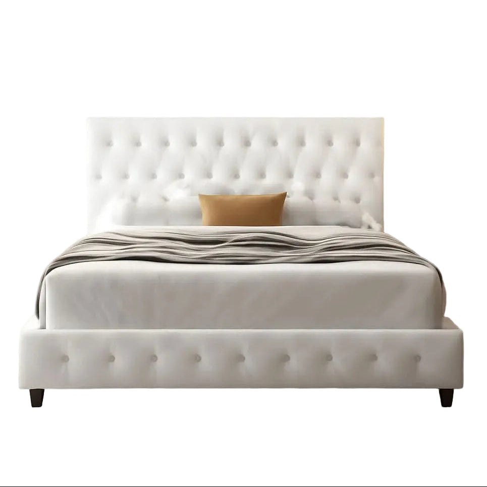 Queen Upholstered Tufted Bed Frame With Drawers in White