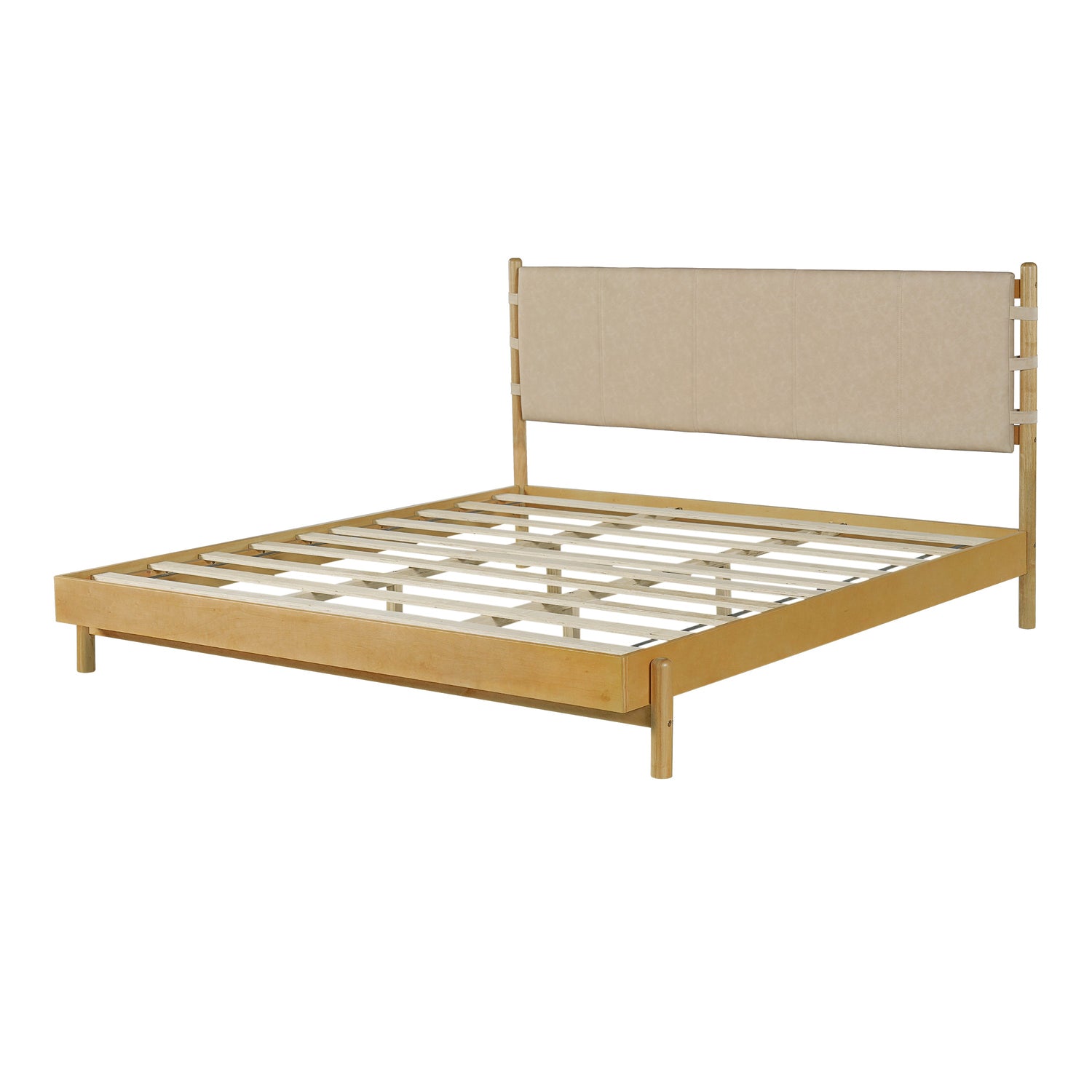 Beige Wood Platform Bed with Headboard and Matching Bedside Tables - 3 Pc Set