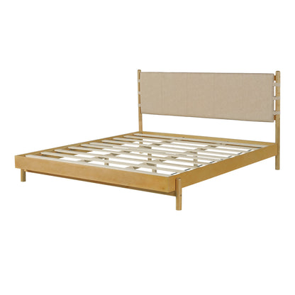 Beige Wood Platform Bed with Headboard and Matching Bedside Tables - 3 Pc Set