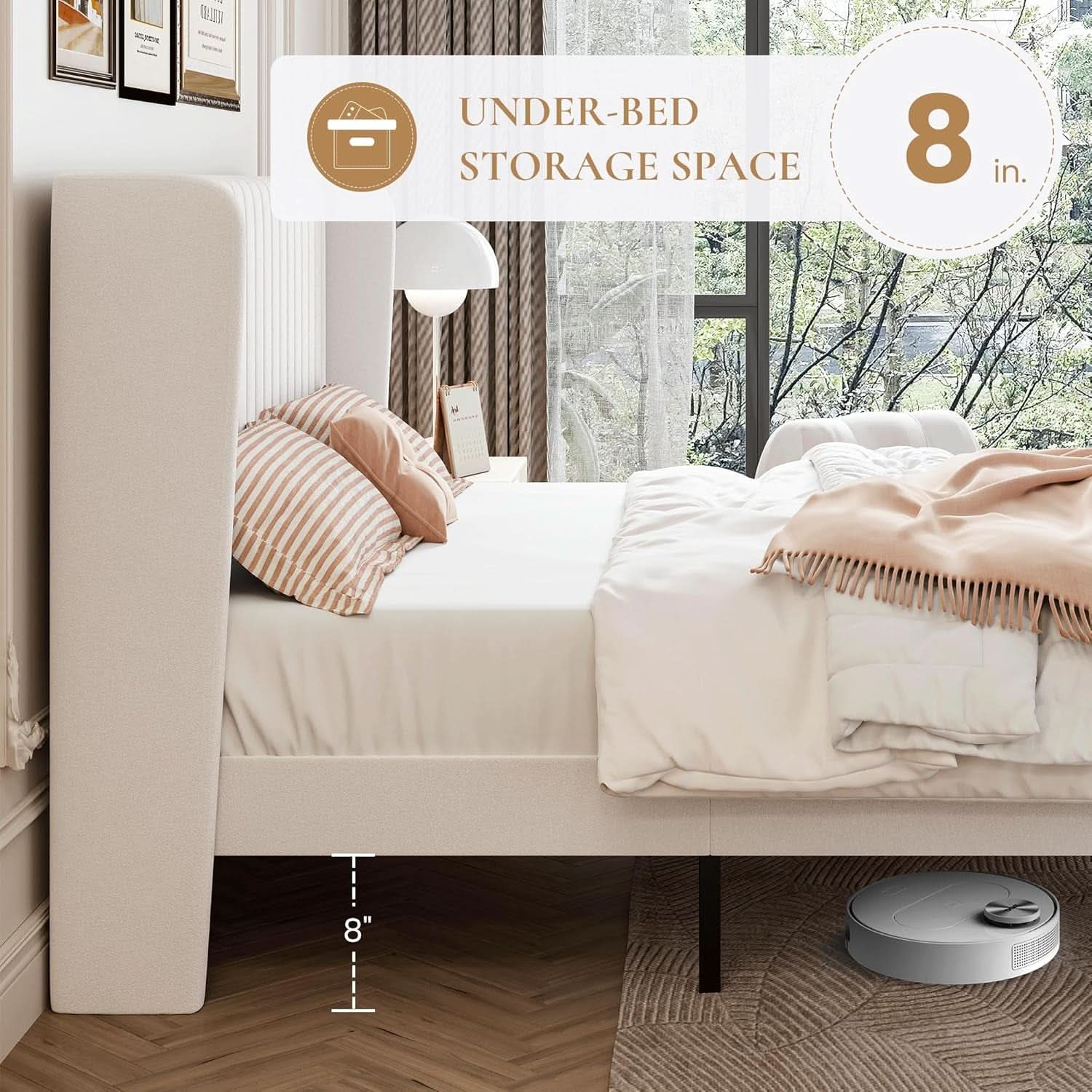 Upholstered Full Size Bed Frame With Wingback Headboard in White Velvet