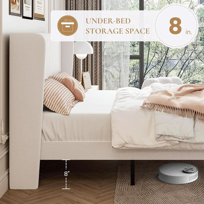 Upholstered Full Size Bed Frame With Wingback Headboard in White Velvet