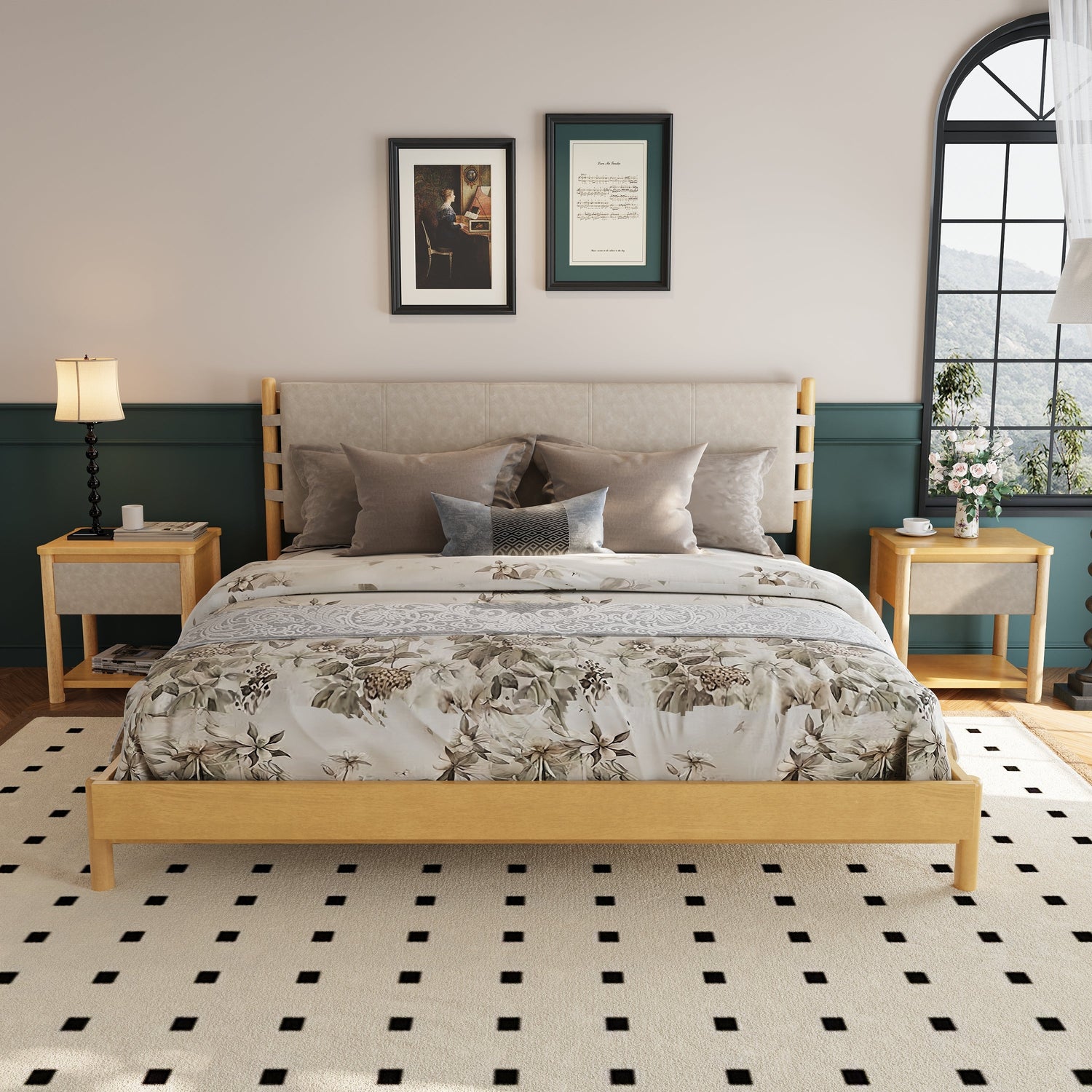Beige Wood Platform Bed with Headboard and Matching Bedside Tables - 3 Pc Set