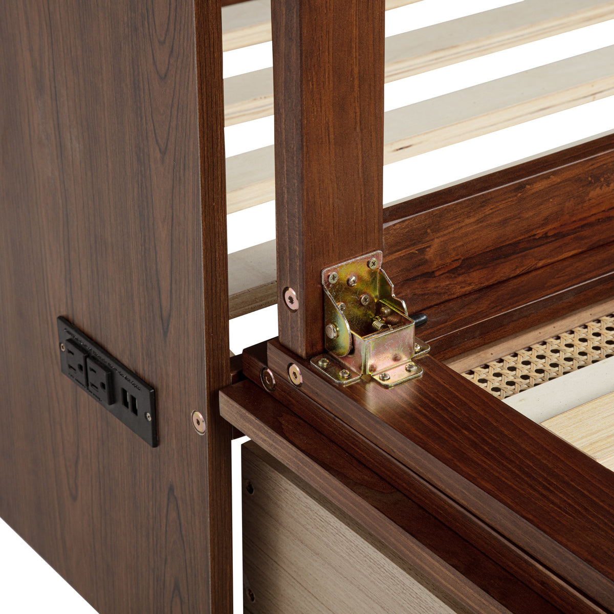 Queen Size Murphy Bed, Pine Wood with Power Station and Rattan Decoration Panel - Walnut
