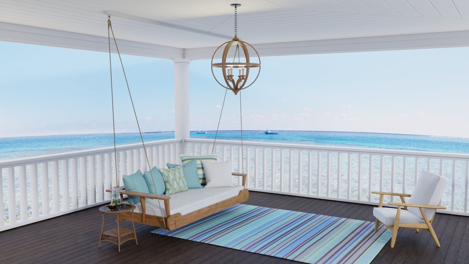 Stripes Grey &amp; Aqua Reversible Outdoor Mat
