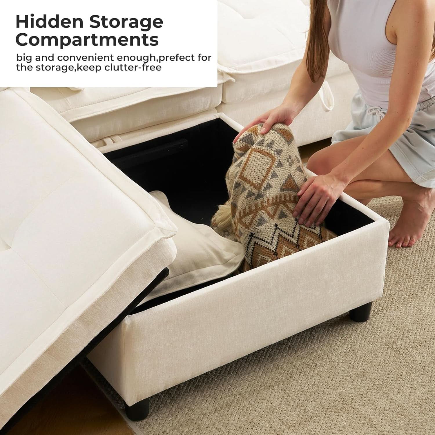 Oversized Modular Sectional Sofa w/Storage Ottoman - Cream