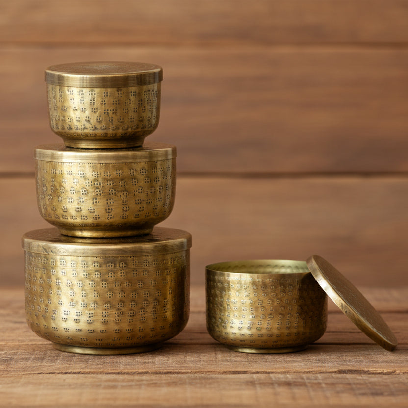 Antique Brass Hammered Aluminum Container with Lid