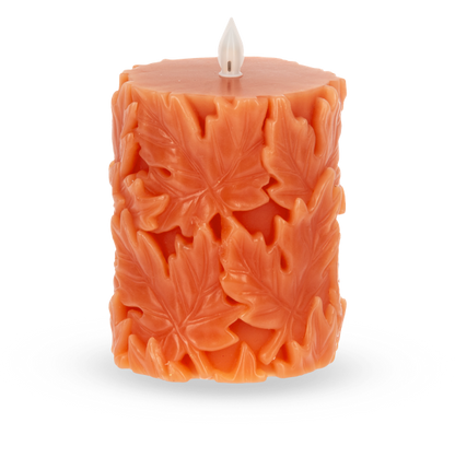 Orange Engraved Leaf LED Flameless Pillar Candle | 2 Sizes