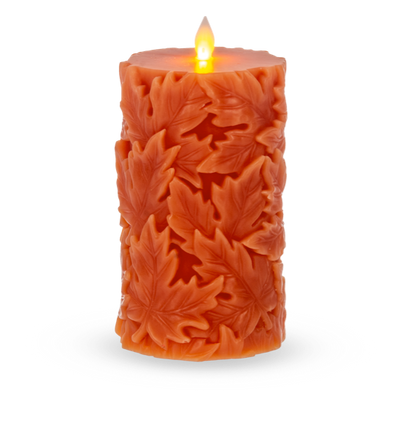 Orange Engraved Leaf LED Flameless Pillar Candle | 2 Sizes