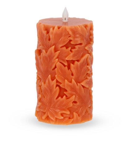 Orange Engraved Leaf LED Flameless Pillar Candle | 2 Sizes