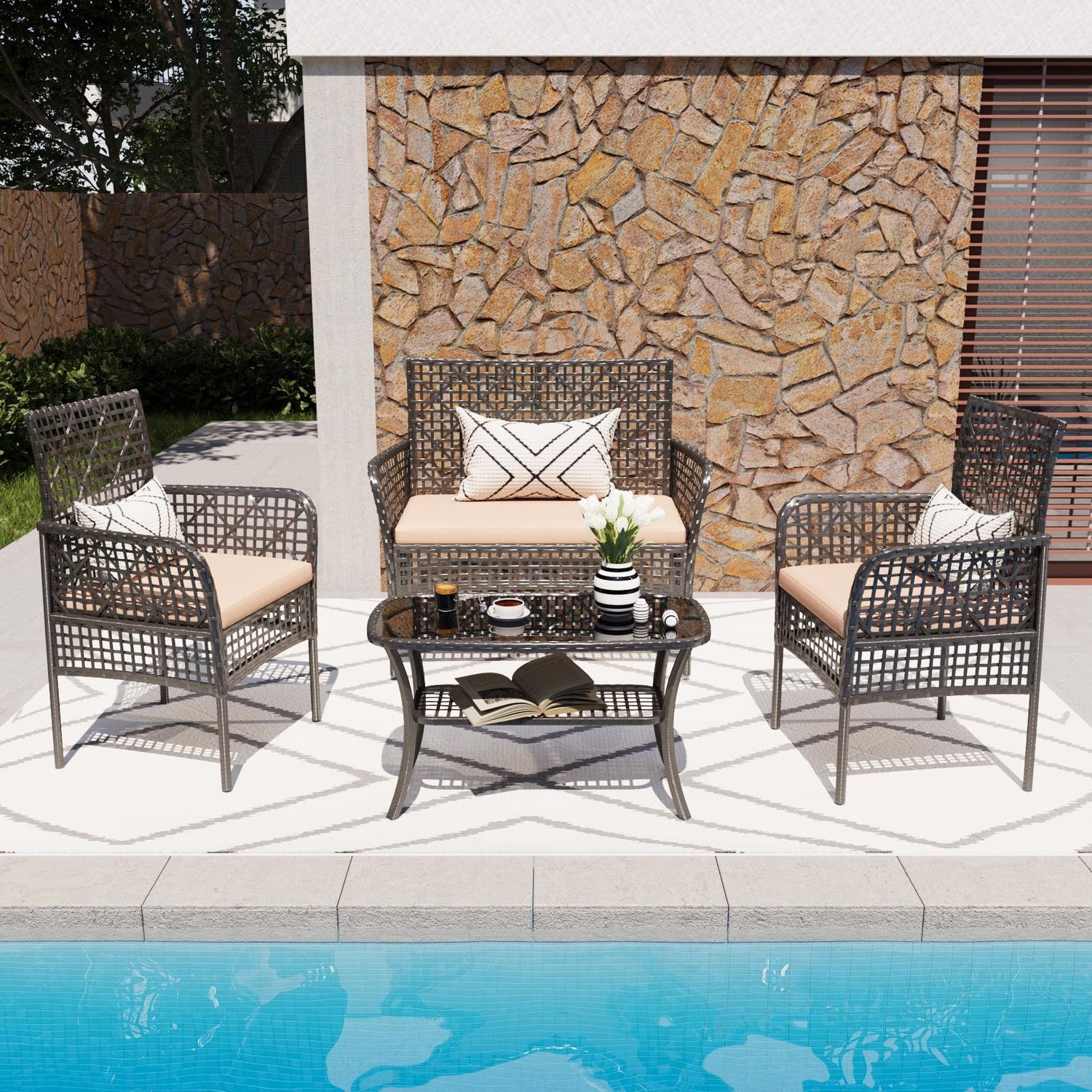 4 Pc Outdoor Rattan Patio Set - Grey with Apricot Cushions
