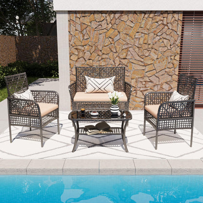 4 Pc Outdoor Rattan Patio Set - Grey with Apricot Cushions