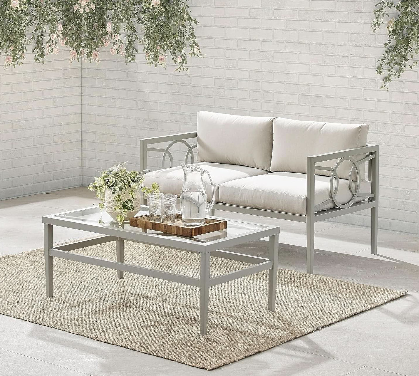2 Piece Outdoor Gray Metal Loveseat and Coffee Table Set with Creme Cushions