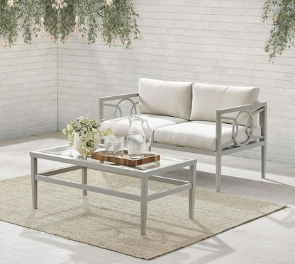2 Piece Outdoor Gray Metal Loveseat and Coffee Table Set with Creme Cushions