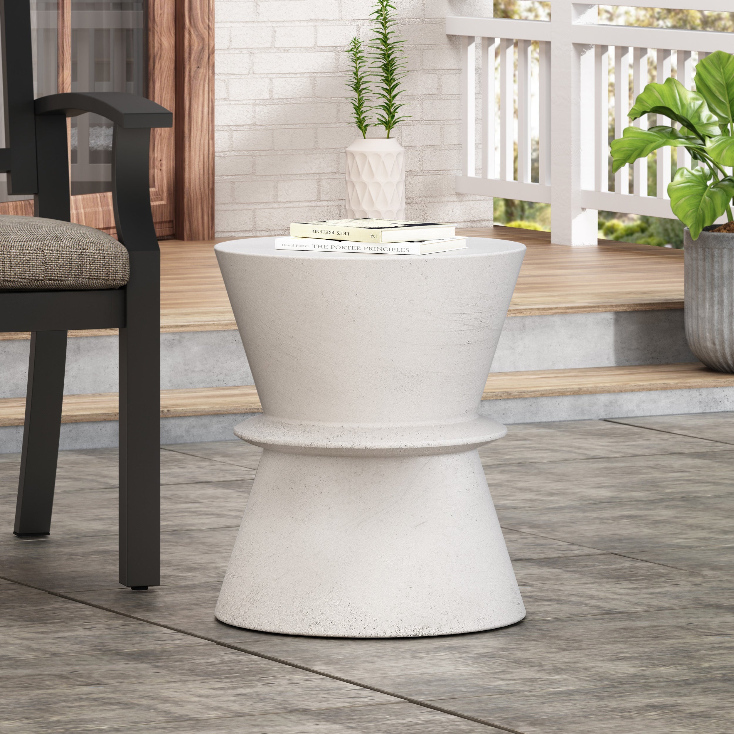 Outdoor Lightweight Concrete Hourglass End Table in Antique White Finish